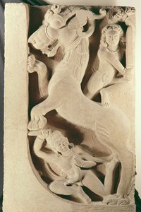 Guerreros luchando contra un león-grifo de Indian School