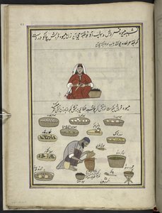 Mujer vendedora de frutas; hombre asando maíz,  86 dibujos encuadernados en un volumen que representa oficios y ocupaciones en Cachemira, se muestra a los artesanos trabajando con sus implementos y equipos,  Por un artista de Cachemira, probablemente en Sr de Indian School