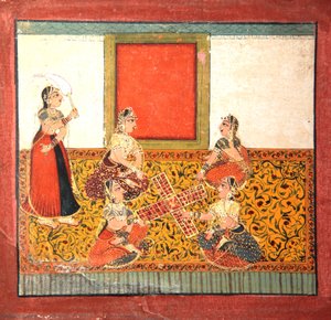 Mujeres jugando Parcheesi, sentadas en un suelo con patrón amarillo de Indian School