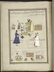 Mujeres que devuelven el chal de lana hilada,  86 dibujos encuadernados en un volumen que representa oficios y ocupaciones en Cachemira, se muestra a los artesanos trabajando con sus implementos y equipos,  Por un artista de Cachemira, probablemente en Sri de Indian School
