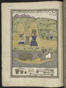 Trabajadores excavando la tierra y transportándola,  86 dibujos encuadernados en un volumen que representa oficios y ocupaciones en Cachemira, se muestra a los artesanos trabajando con sus implementos y equipos,  Por un artista de Cachemira, probablemente 