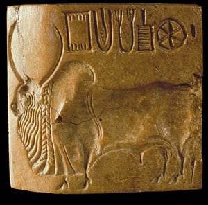 Sello de toro cebú con escritura del Indo encontrado en Mohenjo Daro, Valle del Indo, 3er milenio a.C.