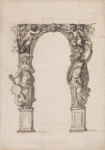 Diseño de un arco temporal ornamentado con putti y figuras alegóricas de la música y la guerra de Inigo Jones