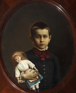 Retrato de niña con muñeca en la mano par Volkov, Iosif Petrovich (1854-después de 1897). Óleo sobre lienzo de Iosif Petrovich Volkov