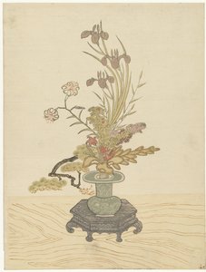 Arreglo de flores Ikebana en jarrón verde de Ippitsusai Bunchô (manner of)