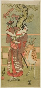 El actor Ichikawa Yaozo II como Goi no Sho Munesada con un ciervo, en la obra Kuni no Hana Ono no Itsumoji (La flor de Japón: los cinco personajes de Ono no Komachi), representada en el Teatro Nakamura desde el primer día del undécimo mes de 1771. de Ippitsusai Bunchō