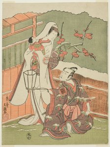 Los actores Arashi Sangorô II como Minamoto no Yoritomo y Segawa Kikunojô II como la Mujer de la Nieve en "Guata de algodón de Izu protegiendo los crisantemos matrimoniales" ("Myôto- giku Izu no Kisewata") de Ippitsusai Bunchō
