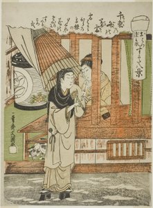 Chizuka no Fumi no Bosetsu (La nieve vespertina de mil cartas de amor), los amantes Ohatsu y Tokubei, de la serie "Sugata Hakkei (Ocho vistas de amantes)", c.1772 (xilografía en color; chuban) de Ippitsusai Bunchō