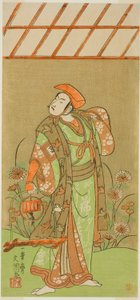 El actor Ichikawa Komazo II como Soga no Juro Sukenari disfrazado de cazador de zorros en la obra Kagami-ga-ike Omokage Soga, representada en el Teatro Nakamura en el primer mes, 1770 de Ippitsusai Bunchō