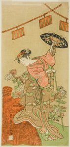 El Actor Iwai Hanshiro IV como Otatsu-gitsune en la Obra Nue no Mori Ichiyo no Mato, Representada en el Teatro Nakamura en el Undécimo Mes, 1770 de Ippitsusai Bunchō