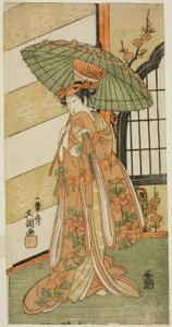 El actor Onoe Tamizo I como Nishikigi en la obra Mutsu no Hana Ume no Kaomise, representada en el Teatro Ichimura en el undécimo mes, 1769