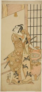 El actor Sawamura Sojuro II como Kudo Suketsune (?) en la obra Edo no Hana Wakayagi Soga (?), representada en el Teatro Ichimura (?) en el segundo mes, 1769 (?) de Ippitsusai Bunchō