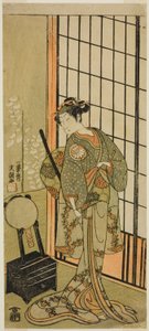 El actor Segawa Kikunojo II como la princesa Hitomaru en la obra Soga Moyo Aigo no Wakamatsu, representada en el Teatro Nakamura en el primer mes de 1769 de Ippitsusai Bunchō