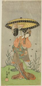 El actor Yamashita Kinsaku II como Nijo no Kisaki (?) en la obra Natsu Matsuri Naniwa Kagami (?), representada en el Teatro Morita (?) en el séptimo mes, 1770 (?) de Ippitsusai Bunchō