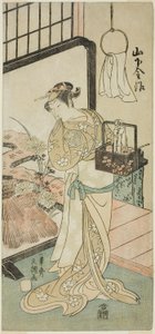 El actor Yamashita Kinsaku II como Oume, esposa de Kisaku, en la obra Nue no Mori Ichiyo no Mato, presentada en el Teatro Nakamura en el undécimo mes, 1770