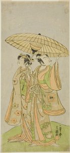 Los actores Ichikawa Komazo II como Chunagon Yukihira (derecha), e Iwai Hanshiro IV como Murasame (izquierda), en la obra Kuni no Hana Ono no Itsumoji, representada en el Teatro Nakamura en el undécimo mes, 1771 de Ippitsusai Bunchō