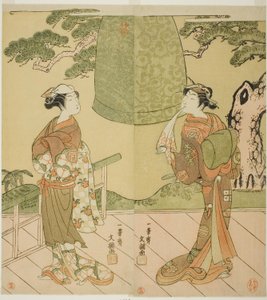 Los actores Ichimura Uzaemon IX como Shume no Hangan Morihisa (derecha), y Sanogawa Ichimatsu II como Chujo (izquierda), en la obra Edo no Hana Wakayagi Soga, representada en el Teatro Ichimura en el segundo mes, 1769 de Ippitsusai Bunchō