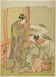 Los actores Nakamura Tomijuro I como Enju disfrazado de Shirbyoshi Gio (derecha), y Nakamura Noshio I como Goo disfrazado de Hotoke Gozen (izquierda), en la obra Miyako-zome Gio Katsugi, representada en el Teatro Morita en el undécimo mes, 1770 de Ippitsusai Bunchō