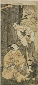 Los actores Nakamura Utaemon I como Seigen (derecha) e Ichikawa Komazo II como Shimizu Tonoinosuke Kiyoharu (izquierda), en la obra Soga Moyo Aigo no Wakamatsu, representada en el Teatro Nakamura en el tercer mes de 1769 de Ippitsusai Bunchō