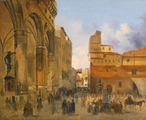 Florencia, vista de la Piazza della Signoria con la Loggia dei Lanzi a la izquierda de Ippolito Caffi