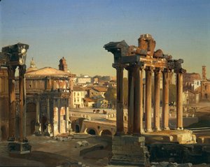Italia, Roma, Vista de los Foros Romanos con el Templo de Vespasiano, el Arco de Septimio Severo y el Templo de Saturno de Ippolito Caffi
