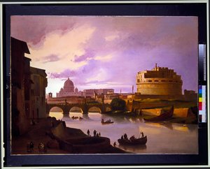 Pareja: Vista del Castillo de Sant Angelo desde el Tíber con San Pedro al fondo, vista del Coliseo de Ippolito Caffi