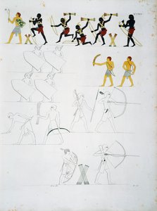 Escenas militares, soldados con arcos y flechas, de las tumbas de Beni Hasan, Lámina CXVIII, de los monumentos de Egipto y Nubia: monumentos civiles de Ippolito Rosellini