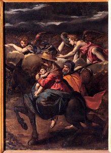 La fuite en Egypte - La Huida a Egipto - Pintura de Ippolito Scarsellino (Scarsella) (1551-1620), Óleo sobre lienzo 1585 (101x73 cm) - Musei Capitolini, Roma de Ippolito Scarcella