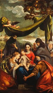 La Madonna y el Niño con los santos María Magdalena, Pedro, Clara y Francisco y un retrato de la abadesa de Ippolito Scarsella