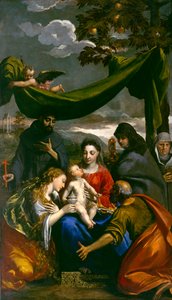 Virgen y Niño con los santos María Magdalena, Pedro, Clara, Francisco y una abadesa, c.1600 de Ippolito Scarsella