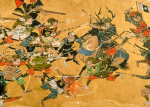 Los dos paneles centrales representan escenas de la Batalla de Osaka, Japón, 2005 (foto) de Ira Block
