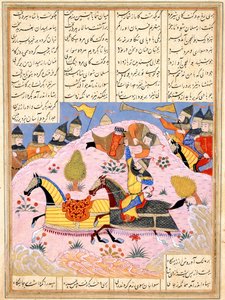 Malik levanta a Abul Mihjan de la silla. Del Khavarannama El Libro del Este de ibn Husam al-D de Iranian Master