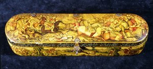 Una caja de bolígrafo de papel maché, la parte superior pintada con la batalla de Chaldiran de Iranian School