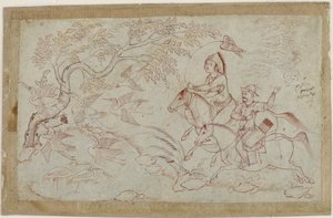 Dos jinetes cazando con halcón, 1640s de Iranian School
