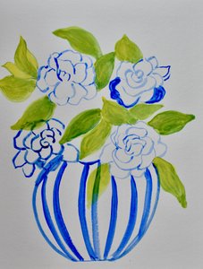 Flores en un jarrón a rayas azules