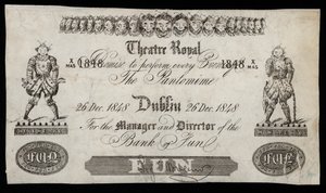 Anuncio de un pantomima en el Theatre Royal, Dublín, basado en un billete del Banco de Irlanda de Irish School