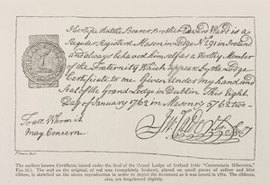 Facsímil del certificado más antiguo conocido emitido bajo el sello de la Gran Logia de Irlanda, fechado en 1762 de Irish School