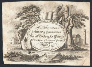 H Fitzpatrick, impresor y librero del Royal College of Saint Patrick, tarjeta comercial (grabado) de Irish School