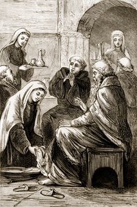 Santa Brígida entreteniendo a un obispo, de The Trias Thaumaturga, o Tres Santos Milagrosos de Irlanda, por Mary Cusack (1829-99) publicado c.1890s