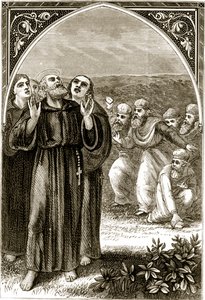 San Columba cantando, y atacado por los druidas, de The Trias Thaumaturga, o Tres Santos Milagrosos de Irlanda, por Mary Cusack (1829-99) publicado c.1890s