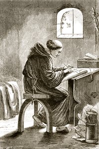 San Vicente escribiendo en su celda en Ferins, de The Trias Thaumaturga, o Tres Santos Milagrosos de Irlanda, por Mary Cusack (1829-99) publicado c.1890s de Irish School