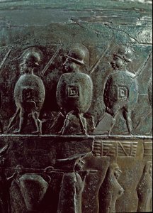 Arte prehistórico: detalle de guerreros. Situla, píxide de bronce 500 a.C. (Edad del Hierro) de la Necrópolis de Certosa. Bolonia, Museo Cívico Arqueológico de Iron Age