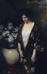 Kimono marrón (Retrato de Kathryn Beta la Forque) de Irving R. Wiles