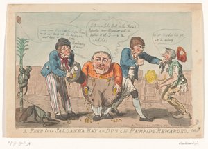 Caricatura que representa la capitulación de la flota bátava en la bahía de Saldanha, 1796 A Peep into Saldanha Bay o Dutch Perfidy Rewarded (título sobre el objeto) de Isaac Cruikshank