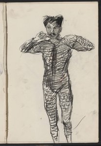 Hombre de pie disfrazado, posiblemente un artista