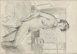 Desnudo femenino sentado en un interior