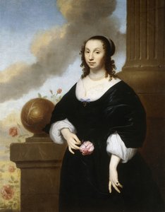 Retrato de una dama, de pie tres cuartos de longitud, con un vestido de satén negro con ribete de encaje blanco