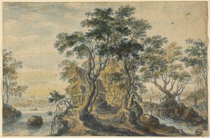 Paisaje fluvial con casa en una isla rocosa de Isaac Major