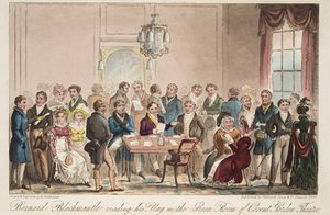 Bernard Blackmantle leyendo su obra en el Green Room del Teatro Covent Garden, de The English Spy, pub. 1824 de Isaac Robert Cruikshank