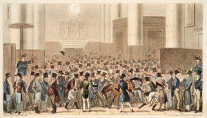 Toros y osos en gran bullicio, o el pony de Billy Wright hecho miembro de la Bolsa de Valores, de The English Spy, pub. 1824 de Isaac Robert Cruikshank